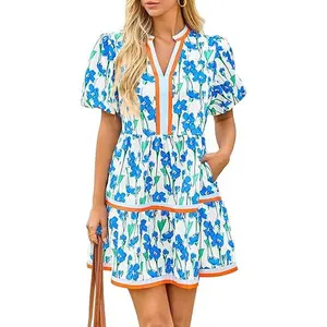 Cicy Bell Womens V Neck Floral Mini Dress Short Puff Sleeve Patchwork Summer Casual Boho Dresses Soft Fabric & Comfortable Fit
