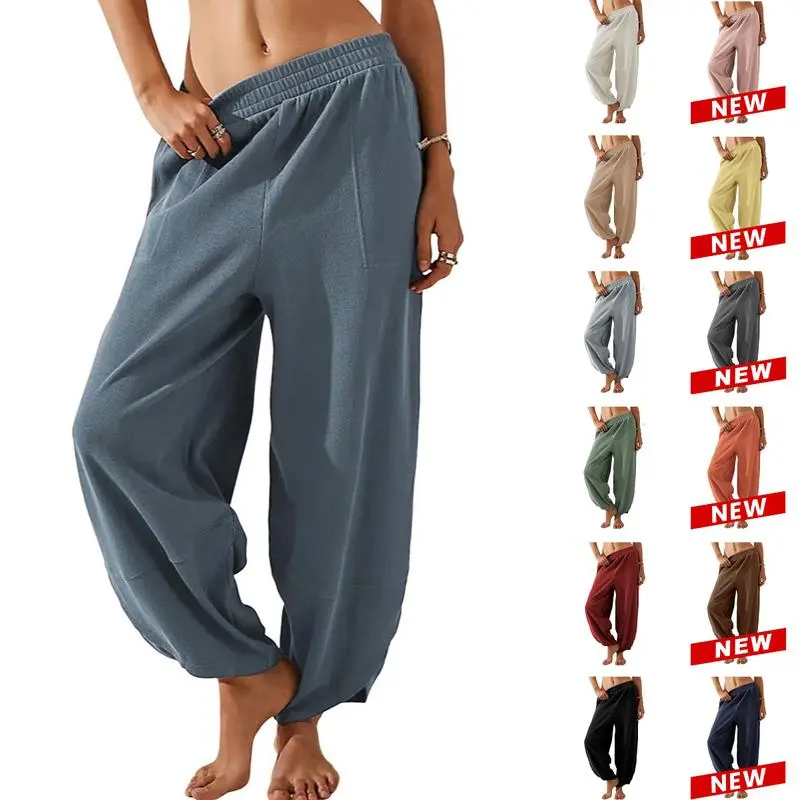 Mundoven Women's Palazzo Pants, Casual Slouchy Wide Leg Trousers with a Smocked Waist, Pockets, and Wrap Hem for Beach Vacation, Bottom