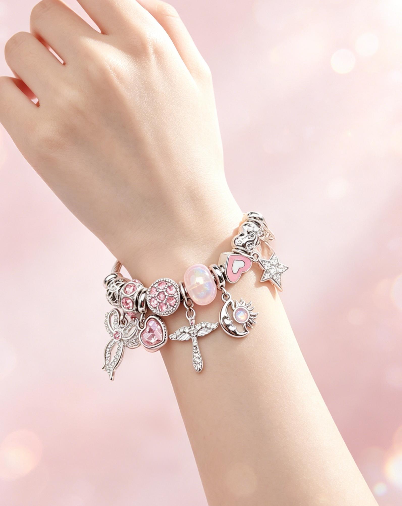 Silver Tone Adjustable Wire Bangle Bracelet with Pink Rhinestone Heart Angel Moon Star Charms, Women Cute Pink Bead Charm Jewelry Gift