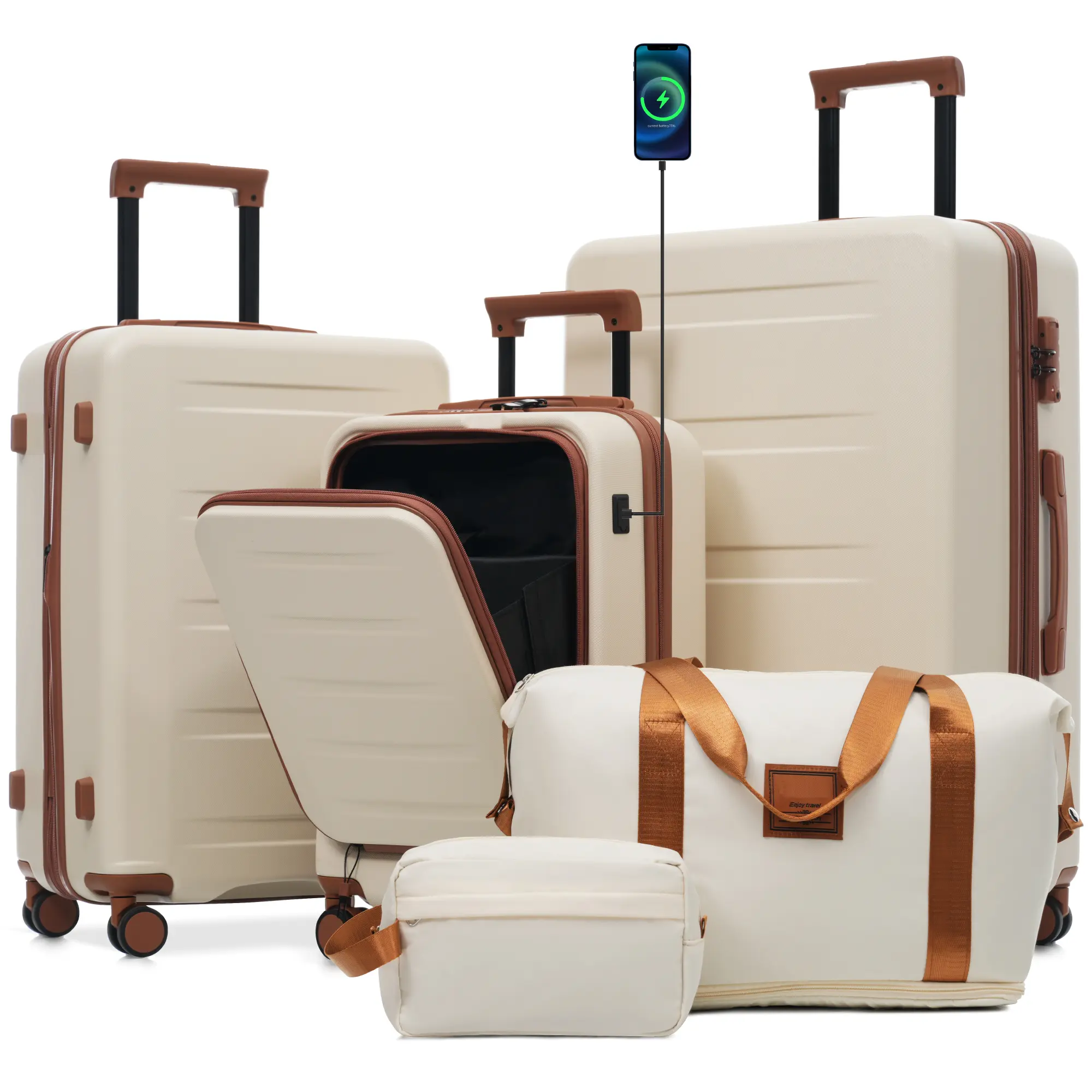 5-Piece Hardshell Luggage Set, Lightweight ABS Rolling Suitcases with Double Spinner Wheels, TSA Lock & Front-Opening USB Carry-On (20/24/28"), Hardshell Luggage Sets, Lightweight Rolling Luggage
