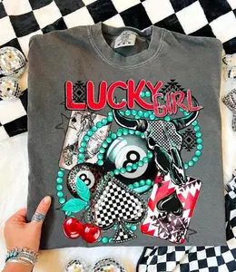 Online Exclusive, Lucky Girl Checkered Western Theme Graphic on comfort color t-shirt, western stuff, western clothing, women's tee, country clothing