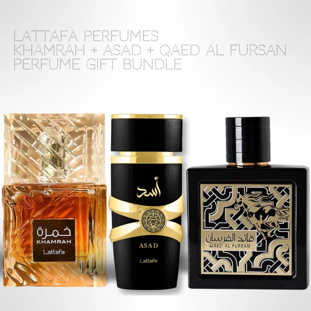 Lattafa Multi-Pack Gift Set - Khamrah, Asad, Qaed Al Fursan 100ml (3.4 Fl oz) Fresh,  Long-Lasting Men's Fragrance Value Bundle