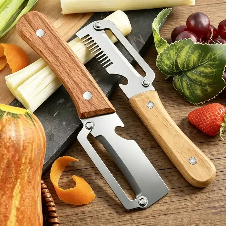 2 Pcs Premium 3-in-1 Kitchen Peeler - Wooden Handle & Ultra-Sharp Stainless Steel Blade, Heavy Duty Peeler for Julienne, Shredder & Bottle Opening, Multi-Functional  Kitchen Tool for Fruit Apple Potato Pumpkin Papaya Zucchini