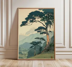 [Sale off up to 50%] [Free ship] [No Frame] Vintage Japanese Forest Poster, Tranquil Mountain Landscape Wall Art, Retro Nature Print, Minimalist Tree Scene, Serene Home Decor