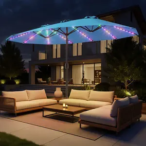 [RGB Lights]15ft RGB Solar LED Double-Sided Patio Umbrella, 20% Longer Running Time, 12 Sturdy Ribs, Smooth Crank & Included Base, UPF 50+ UV Protection for Backyard, Poolside, Garden