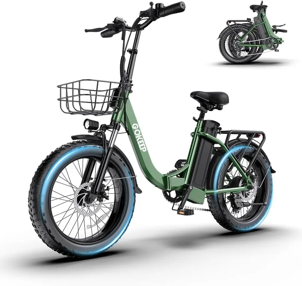 Electric Folding Cycling Bike - 1300W Peak Power, 52V 13Ah Removable Battery, 28 MPH Top Speed, 75 Mi Max Range, 20-Inch All-Terrain Fat Tires, Front Fork Suspension, Disc Brakes, LED Headlights, Adjustable, All-Season, UL 2849/GCC Certified