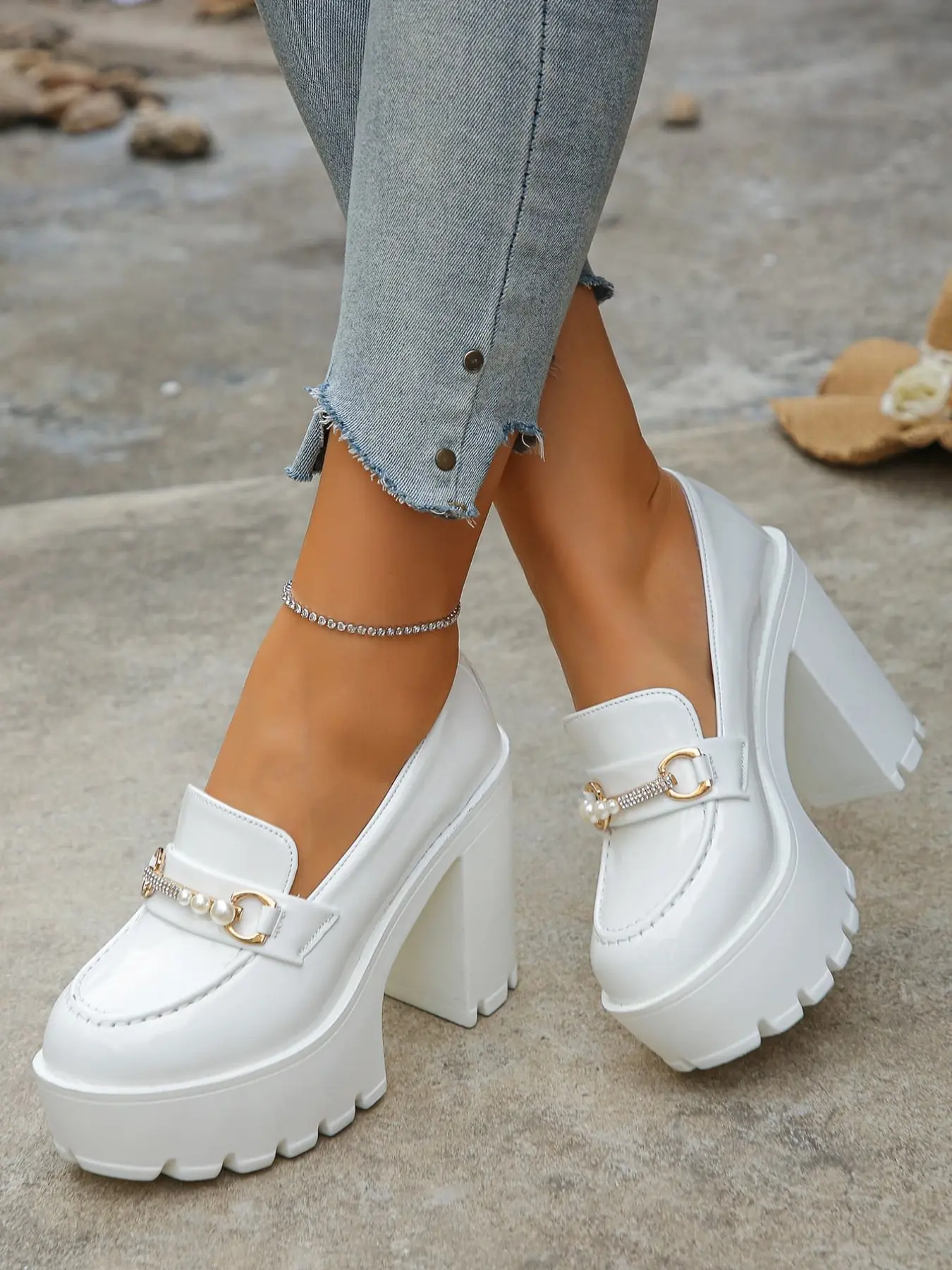 A pair of Women's Patent Leather Platform Loafers, Chunky Block Heel, Pearl & Rhinestone Buckle, Height Boosting, Slip-On Style, Versatile Shoes for Work, Office & Daily Casual Wear, Platform High Heels, Thick Block Heels