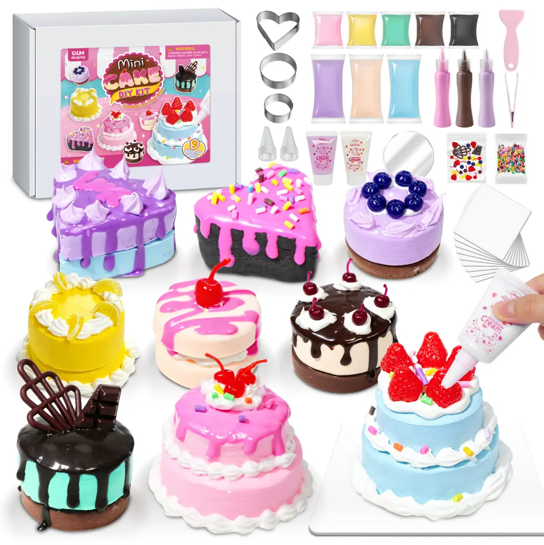 DIY Mini Cake Decorating Kit for Kids, Dessert Craft Set with Clay, Fake Cream, Sprinkles & Cake Bases, Pretend Play Art Gift for Ages 3+