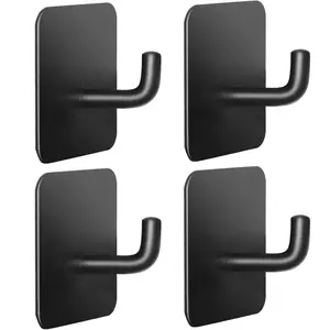 Adhesive Hooks for Bathrooms, Strong Self-Adhesive No Damage Waterproof Stainless Steel Sticky Hook (Black), 4 Piece Towel Hooks for Hanging Hat Robe Coat, Stick on Hooks for Kitchens