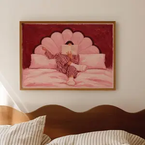 Woman reading in Pink Bed Print, Horizontal Above Bed Wall Art, Handdrawn Mid Century Bedroom Poster, Retro Striped Stay in Bed O