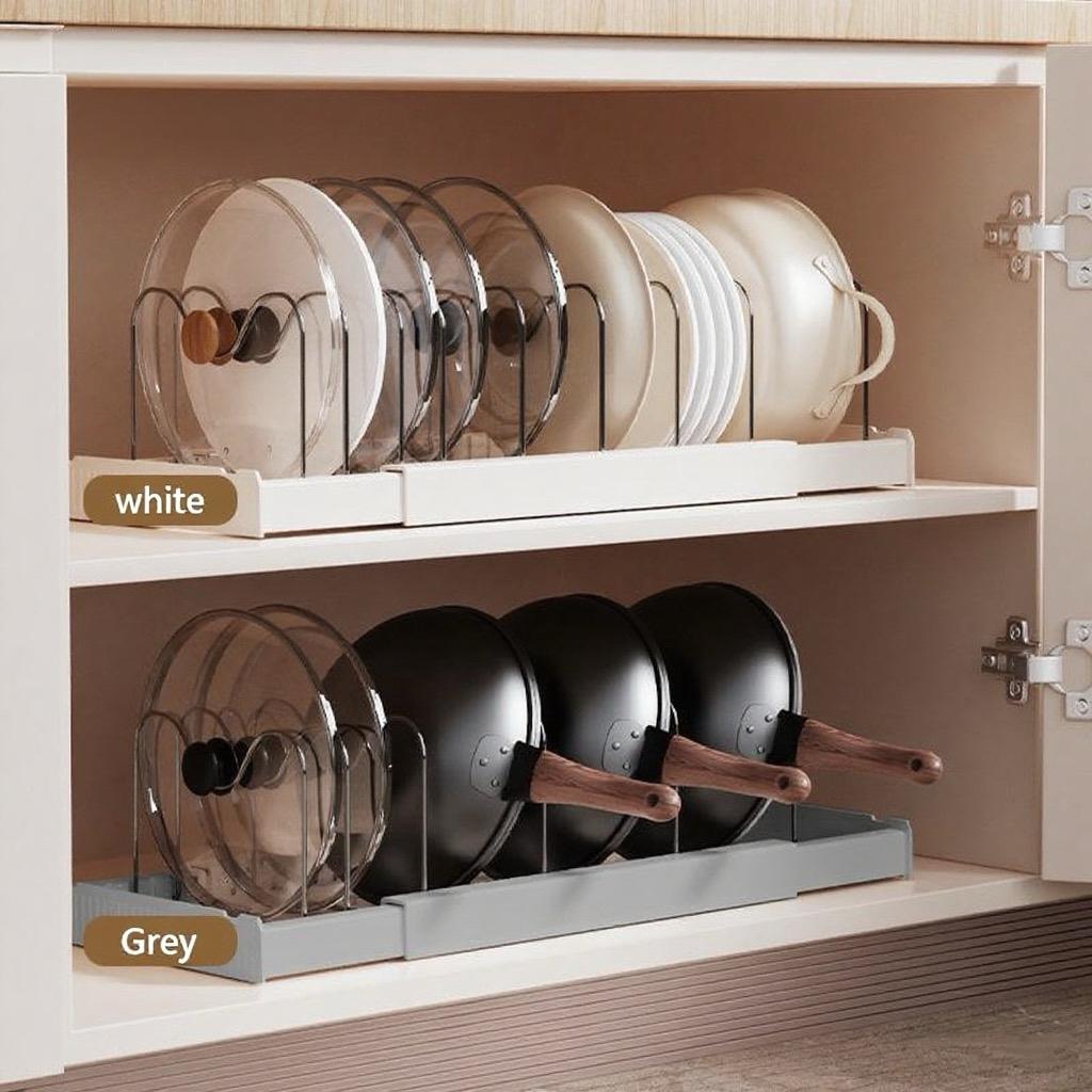 Multi-Functional Telescopic Kitchen Storage Rack - Expandable Kitchenware Storage Rack, Cabinet Cookware Rack, 7 Adjustable Compartments and Pot Cover Brackets, Plate Storage Rack, Cabinet Storage Rack for Pots, Utensils, Lids, and Baking Utensils