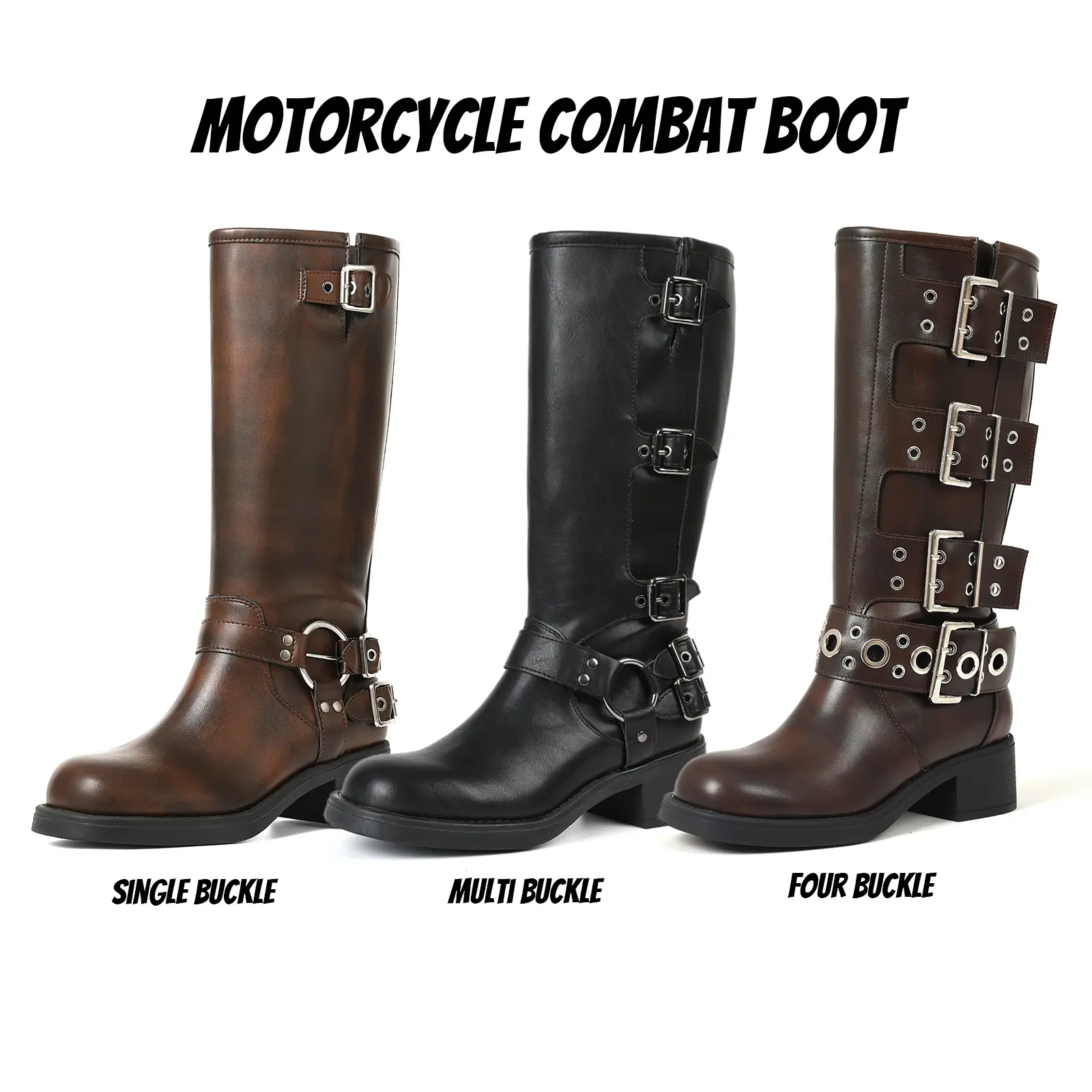 Combat Boots For Women Motorcycle Boot Round Toe Chunky Block Heel Metal Buckle Design Easy Pull On Party Work Casual Outdoor Events Fashion Riding Rocky Shoes