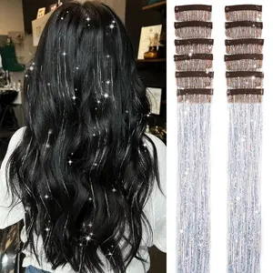 Silver Color Hair Tinsel Pack of 12 Pcs Glitter Hair Accessories 20 Inch Clip in Extensions for Women Girls Party Kit Easy Install Non Toxic