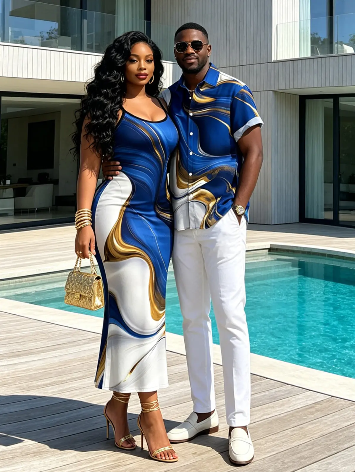 Royal Blue Gold Fluid Abstract Marble Print Matching Couple Outfits - Men's Short Sleeve Shirt and Women's Spaghetti Strap Bodycon Maxi Dress Vacation Set Clothes Clothes Clothes