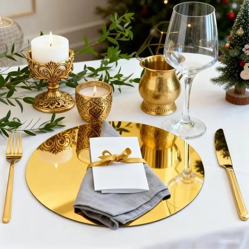 10-Piece 30cm Golden Circular Mirror Acrylic Material Coaster Set, Table Placemats, Round Coaster for Wedding Table Decoration, Party Candle Arrangement, Home Decoration, Modern Table Art