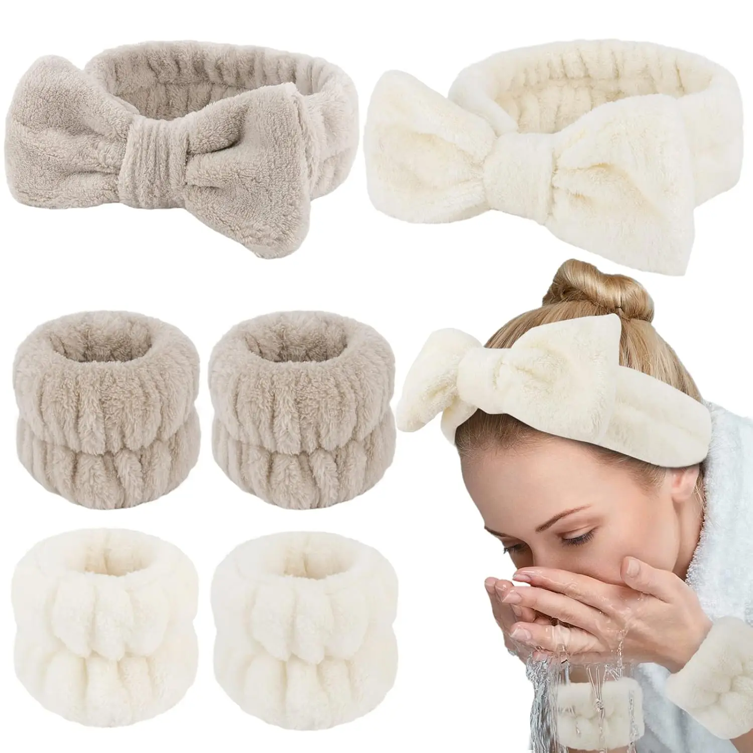 Soft Fabric 6PCS Spa Headband & Wristbands Set, Fashion Hair Accessory for Face Washing, Makeup Application