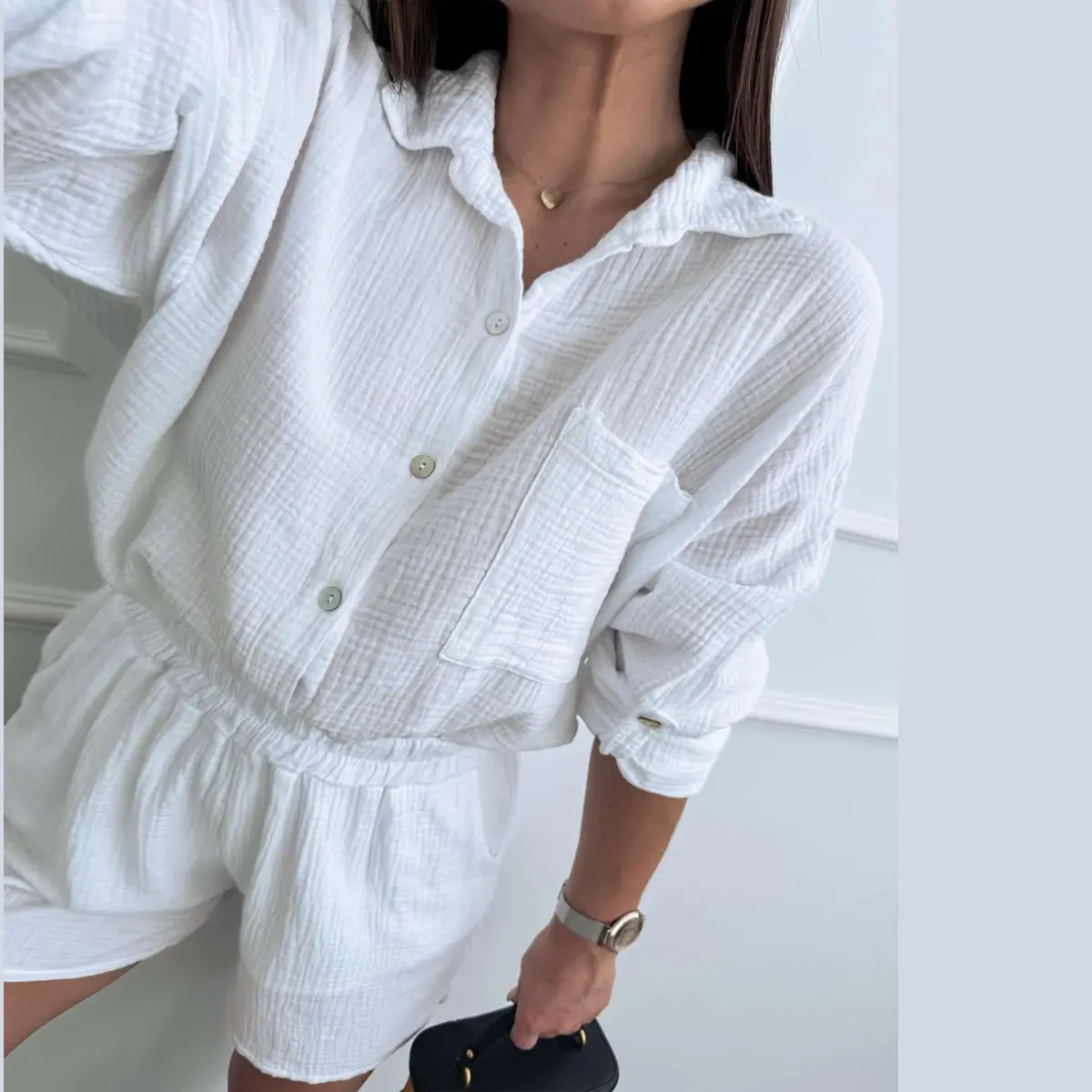 Joyfunear Women's 2-Piece Casual Matching Set - 100% Cotton Solid Stretchy Knit Top & Bottom, 3/4 Sleeves Collared Button-Up Cropped with Tie Blouse, Elastic Waist Flex Drawstring Fitted Shorts, Breathable Apparel