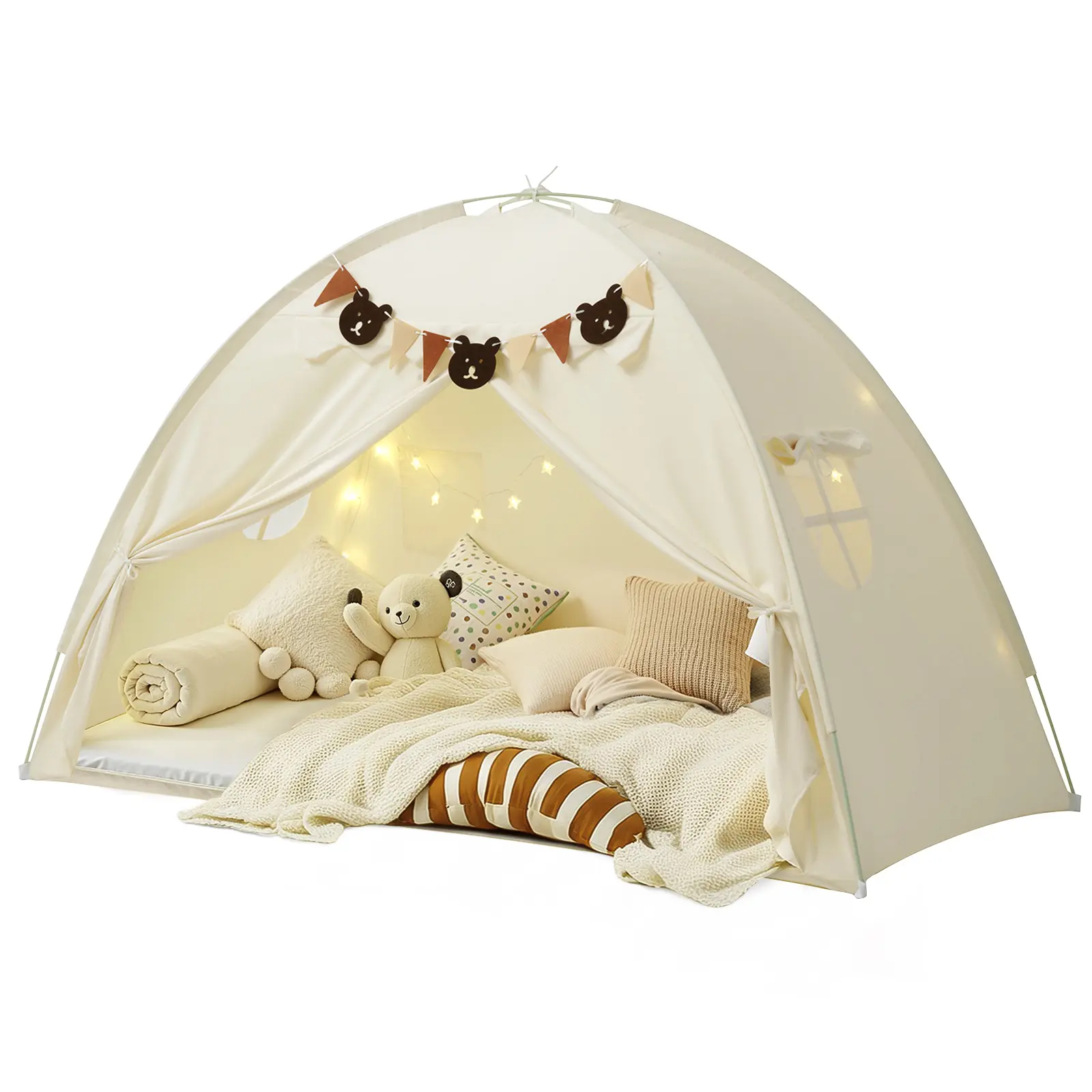 Children's play tent with Stars Light & Flags, Breathable Sleeping Bed Tent, Privacy Space Dream Playhouse for kids Indoor Bedroom Floor Portable Play Tent