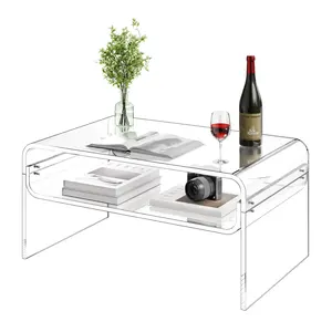【Summervibes】VEVOR Acrylic Coffee Table, 2 Tiers Center Table with Storage Shelf, Modern Rectangle Acrylic Coffee Desk, Ideal for Dining Room, Kitchen Island, Restaurant, Office, 19.7 x 31.5 x 15 in (Clear)