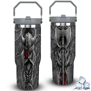 1pc 30oz Viking Warrior and Axe Engraved Tumbler with Lid, Insulated Travel Mug, Gift for Women Men, Ideal for Halloween, Independence Day, Memorial Birthday Gift, Coffee Cup, weird stuff