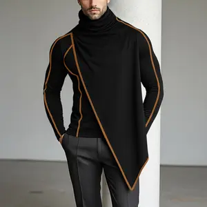 INCERUN Men's Long Sleeve High Neck Turtleneck T-Shirt, Menswear Fall/Winter Avant-Garde Asymmetric Drape Top with Contrast Piping, Hem Detail, Clubwear Ready