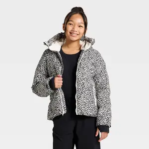 All In Motion Girls' Leopard Print Puffer Jacket - Water-Resistant Hooded Coat