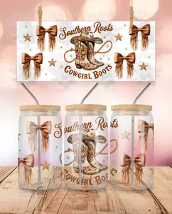 Western Southern Roots Cowgirl Boots UVDTF - 16 Oz Libbey Glass Can Wrap