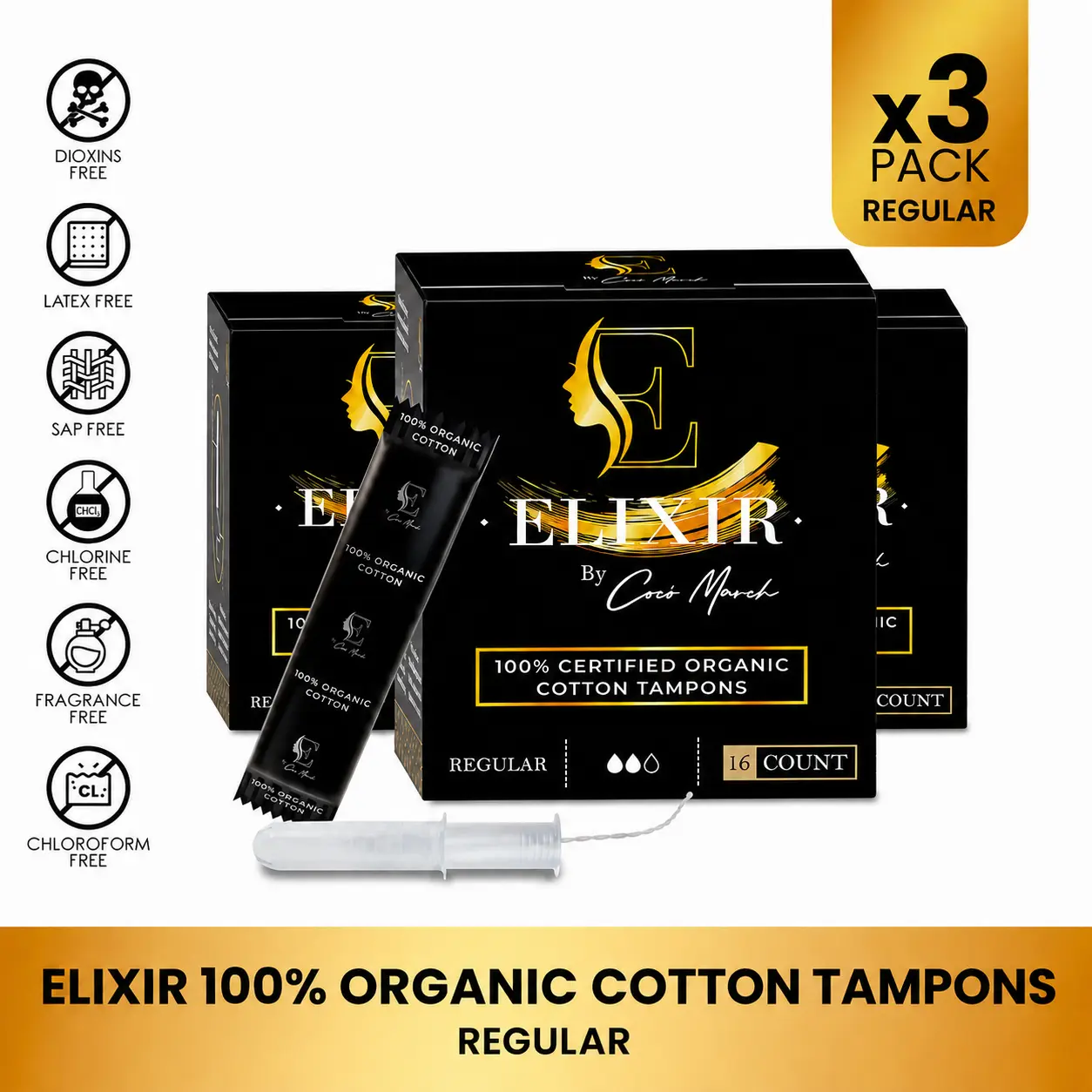 3 Pack Elixir by Cocó March Organic Cotton Tampons, Regular Feminine Care Tampons for Women (16ct) Comfort Hypoallergenic