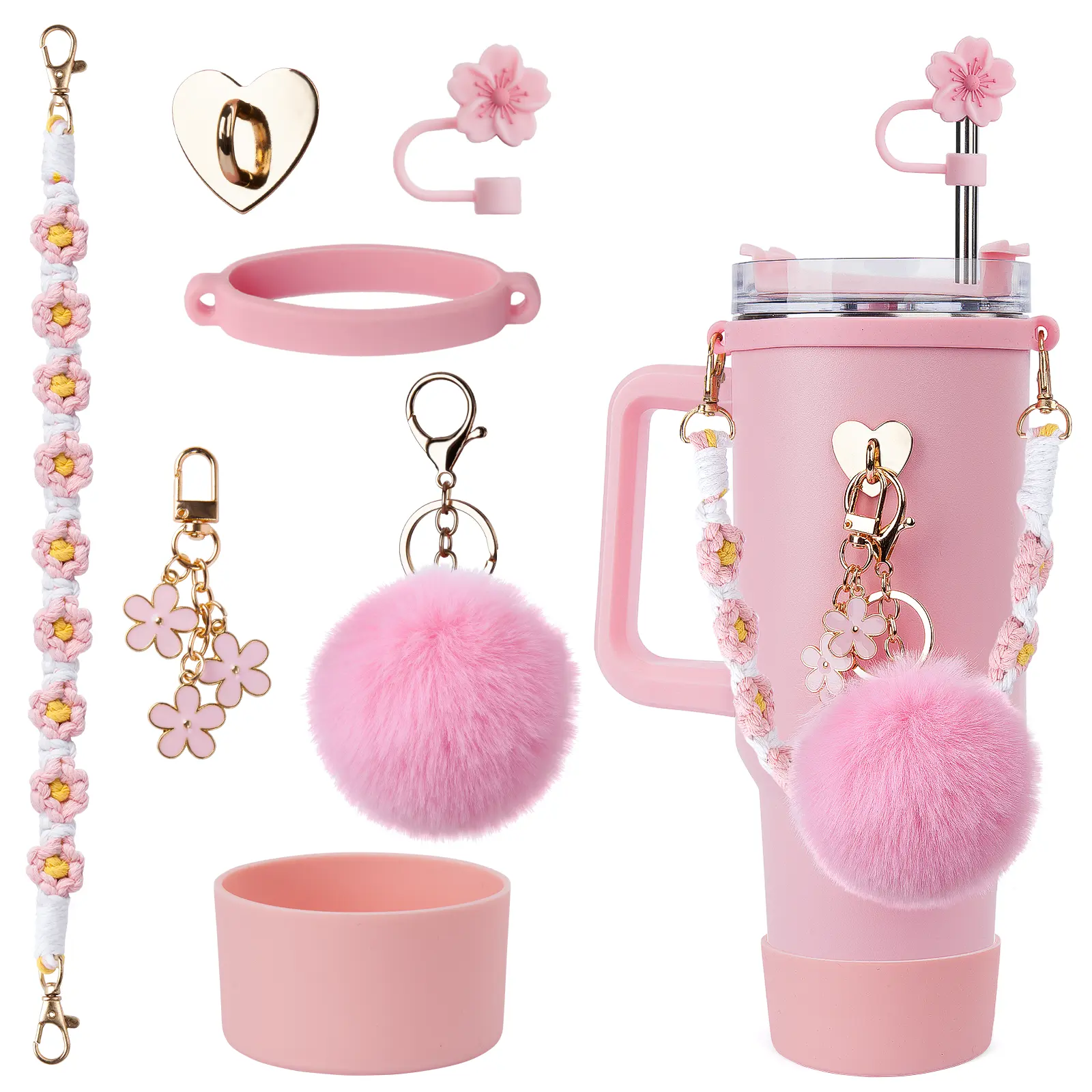 40oz Pink Tumbler with 7PCS Cherry Blossom Accessories Set – Extra 2Pcs Matching Replacement Accessories Available Separately, Cute Floral Design Food-Grade Drinkware, Trendy Girls Aesthetic Water Bottle