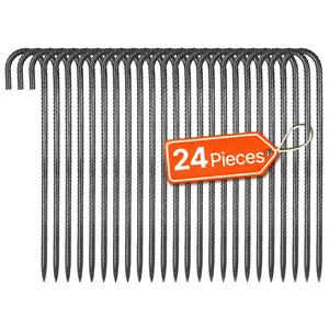 【FathersDayGift】VEVOR Rebar Stakes,  16-Inch, Heavy-Duty 0.4 in Diameter J Hook, Galvanized Steel Ground Anchors with Chisel Point End & Rust-Resistant Coating, for Gardening Support, Fence, Camping Tents (24-Pack)