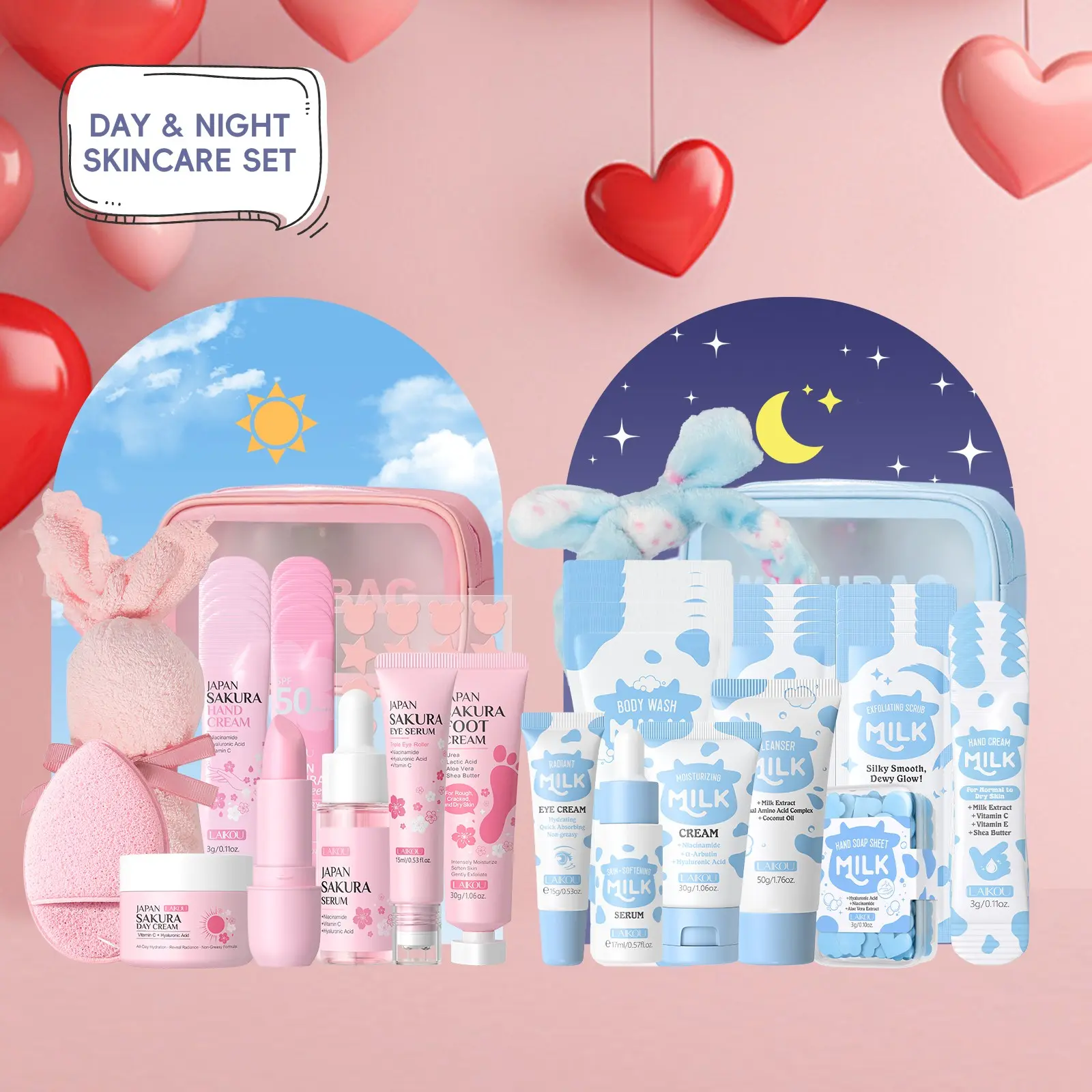 Laikou Sakura & Milk Skincare Set, Moisturizing Set, Day & Night Skincare Set, Beauty Bundle Set, Beauty Sets, Includes Cleanser, Serum, Creams, Sunscreen, Hand Cream, Unisex Body & Face Skincare Set for Daily Cleansing, Moisturizing Hydrating Set