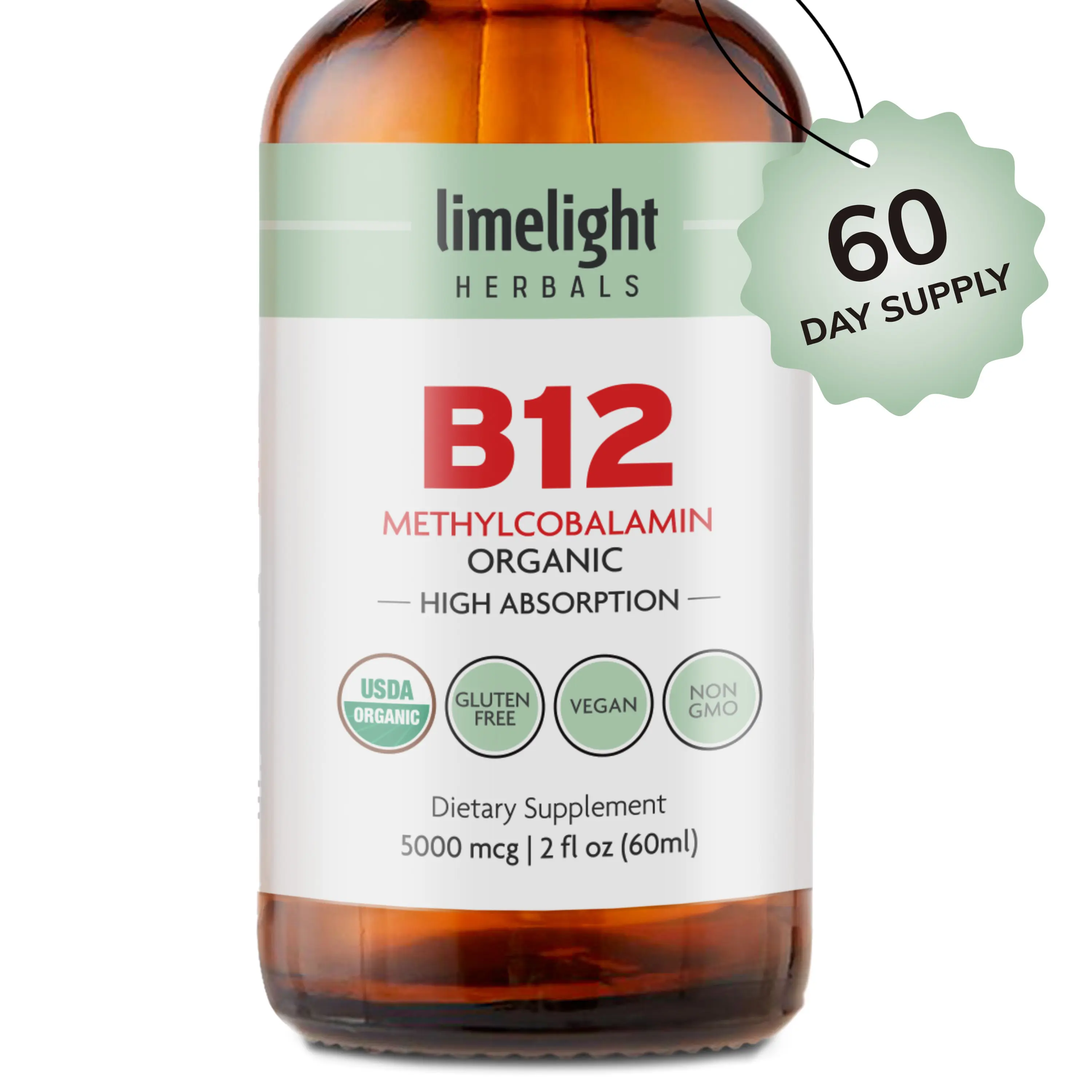 Limelight Herbals Organic Methyl B12 Liquid Drops – Vitamin B12 (Methylcobalamin) 5000 mcg – Energy & Metabolism Support – Brain Health – Vegan – Non-GMO – Gluten Free – 60 Servings