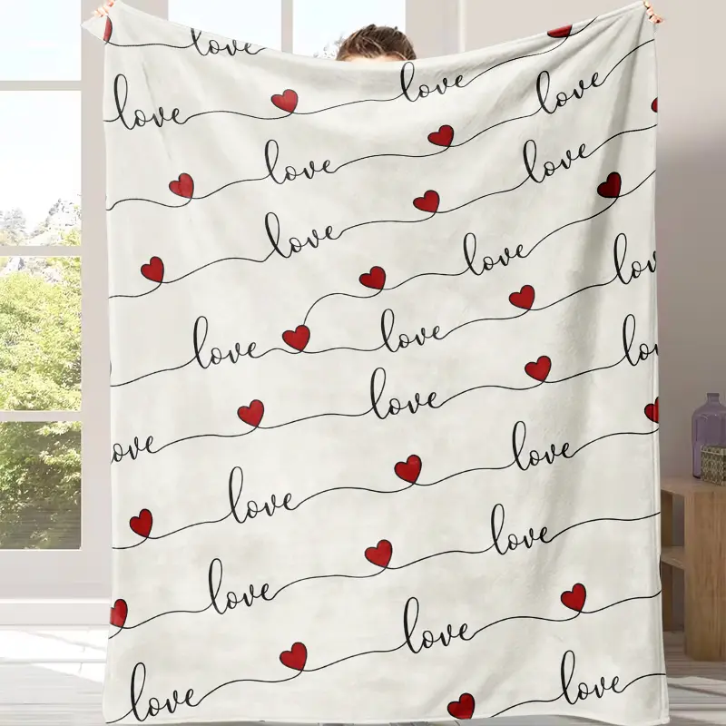 Continuous Line Love Script Red Heart Seamless Off White Background Fleece Throw Blanket, Minimalist Romantic Love Repeat Pattern Print, Oversized Soft Blanket For Bedroom Couch,Valentines Day Anniversary Gift For Boyfriend Girlfriend Couples