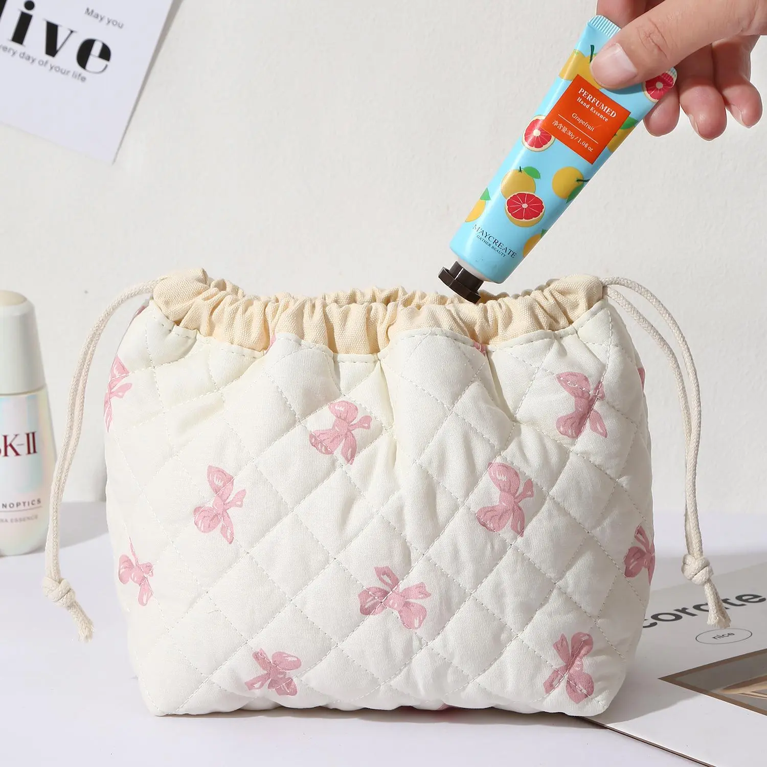 Cotton Quilted Drawstring Makeup Bag with Canvas Lining, Aesthetic Cute Travel Toiletry Pouch, Gift Bag for Women & Girls