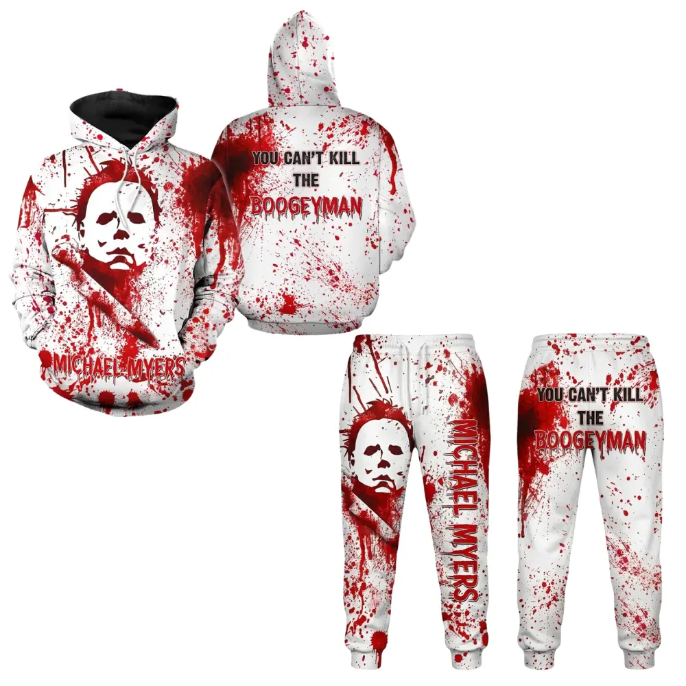 Halloween Hoodie and Sweatpants Set, Michael Myers Scary Mask You Can’t Kill The Boogeyman Graphic, Gift for Halloween Lovers
