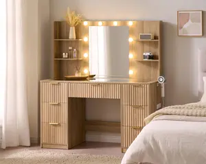 VanAcc 36.2/47.2" Fluted Vanity Desk with Mirror and Adjustable LED Lights, Large 4/7 Drawers Makeup Table with Glass Top and Charging Station for Women and Girls, Bedroom or Dorm