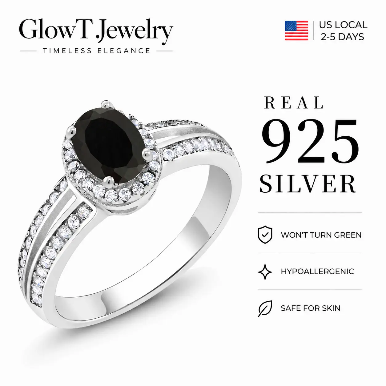 925 Sterling Silver Black Onyx Witchy Ring, Oval Cut Protection Crystal with CZ Halo, Gothic Dark Academia Style, Split Shank Band, Wiccan Grounding Amulet, Mystical Statement Jewelry for Daily Ritual & Occasions
