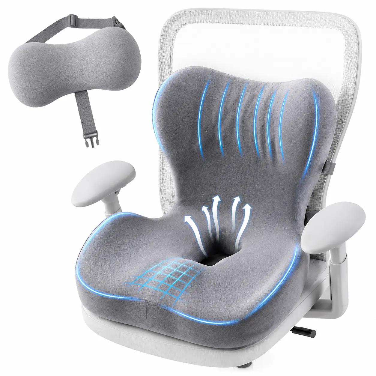 Ergonomic Design Memory Foam Cushion with Removable Lumbar Support Pillow, Breathable Pressure-Relieving Pad with Non-Slip Base, Improves Sitting Posture for Office & Car Chairs (Pillow Included)
