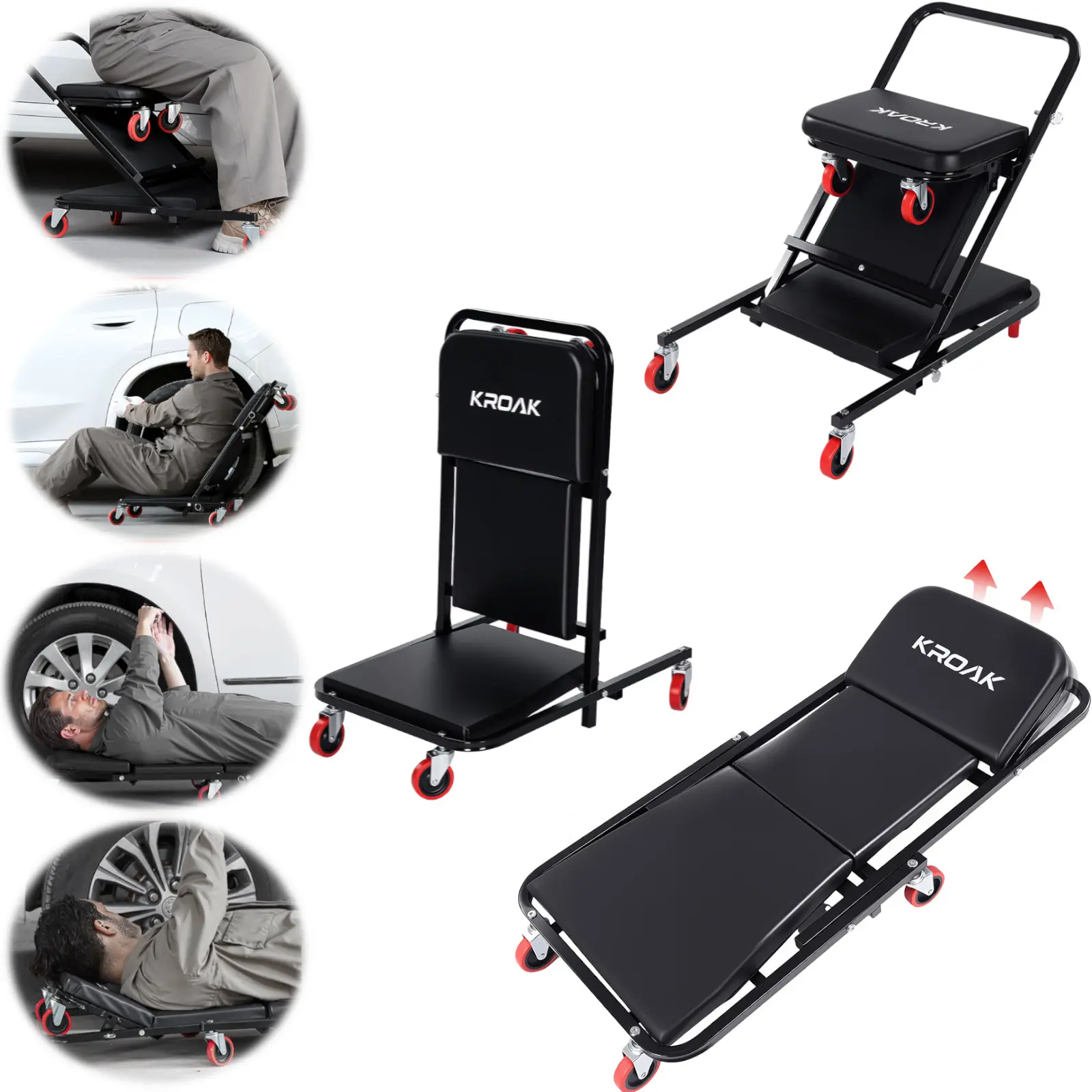 【DealsForYouDays】40 inch Foldable Garage Creeper, 450 lbs Load Capacity, Z Creeper Seat Garage Chair Adjustable Rolling Folding Car Creeper with 6 pcs Wheels,Lay Down or Sit for Garage, Shop,Home, Auto Repair Mechanics