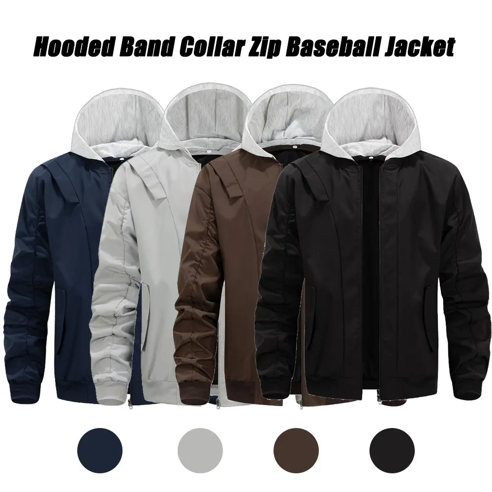 Two-piece patchwork hooded solid baseball sports top for men — vintage casual layered design, minimalist and versatile windbreaker jacket