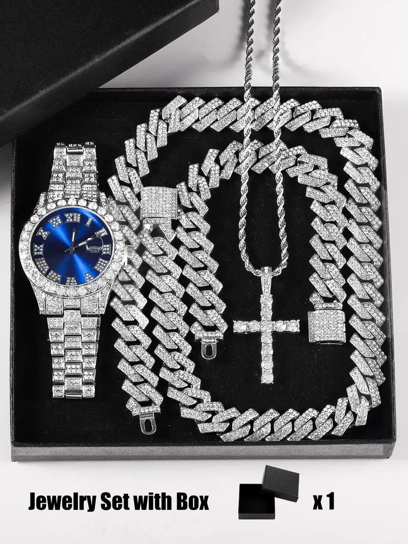 Luxury Punk Watch Set with Necklace Bracelet Cross Pendant, Analog Quartz Movement, Adjustable Strap, Unisex Gift Box for All Seasons, Fashionable Jewelry Set