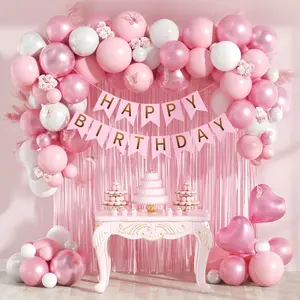Pink & Pearl White Birthday Decor, Metallic Foil Balloons, Fringe Curtain & Banner for Women