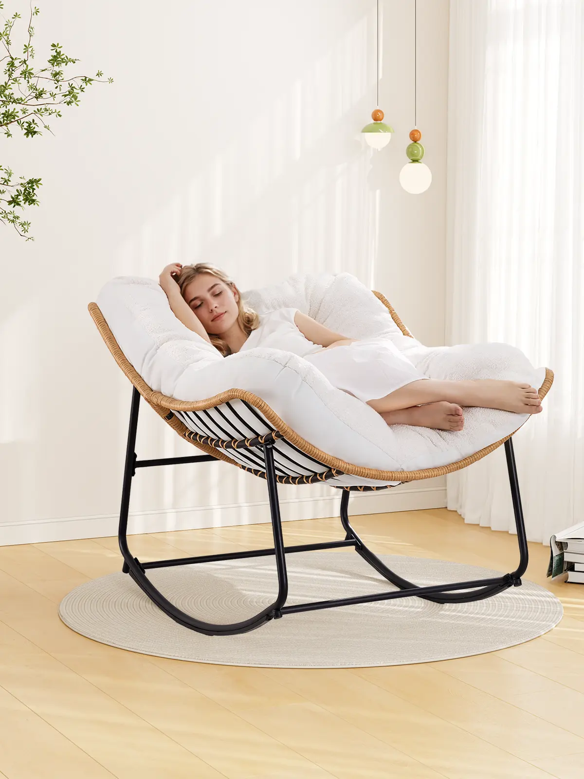 【Double-Side Fabric】ONBRILL Oversized Indoor Outdoor Rocking Chairs, Comfy Papasan Rocking Chair with Padded Cushion, Rattan Wicker Lounge Chair, Modern Reading Accent Chair for Balcony Garden, LivingRoom Furniture,Christmas Gift【BackToSchool】