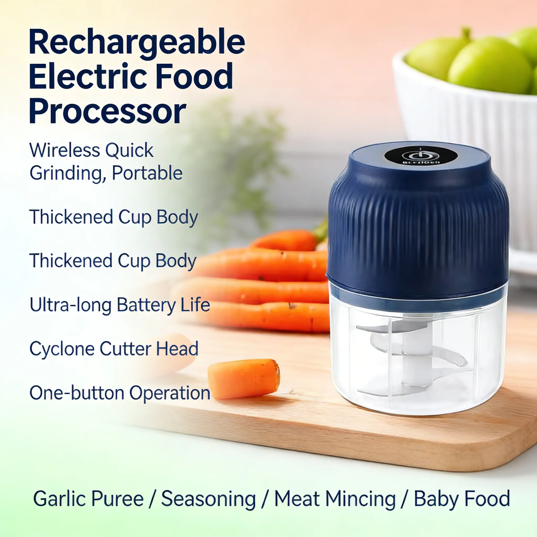 Rechargeable Electric Food Processor | Wireless Mini Chopper | Garlic Masher, Egg Beater, Meat Mincer | One-Button Operation | Cyclone Cutter Head | Thickened Cup | Portable for Kitchen, Baby Food, Seasoning