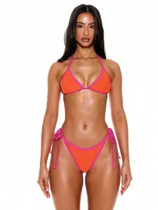 Musera Resort Halterneck Contrast Trim Triangle Bikini Top Only Summer Spring Holiday Vacation Sexy Ibiza Beachwear Solid Colour
