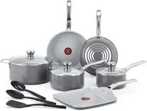 T-fal Fresh Gourmet Recycled Ceramic Non Stick Cookware Set 12 Piece, Oven Broiler Safe 500F, Lid Safe 350F, Kitchen Cooking Set W/Fry Pans, Saucepans, Dutch Oven, Utensils, Pots and Pans Set, Grey