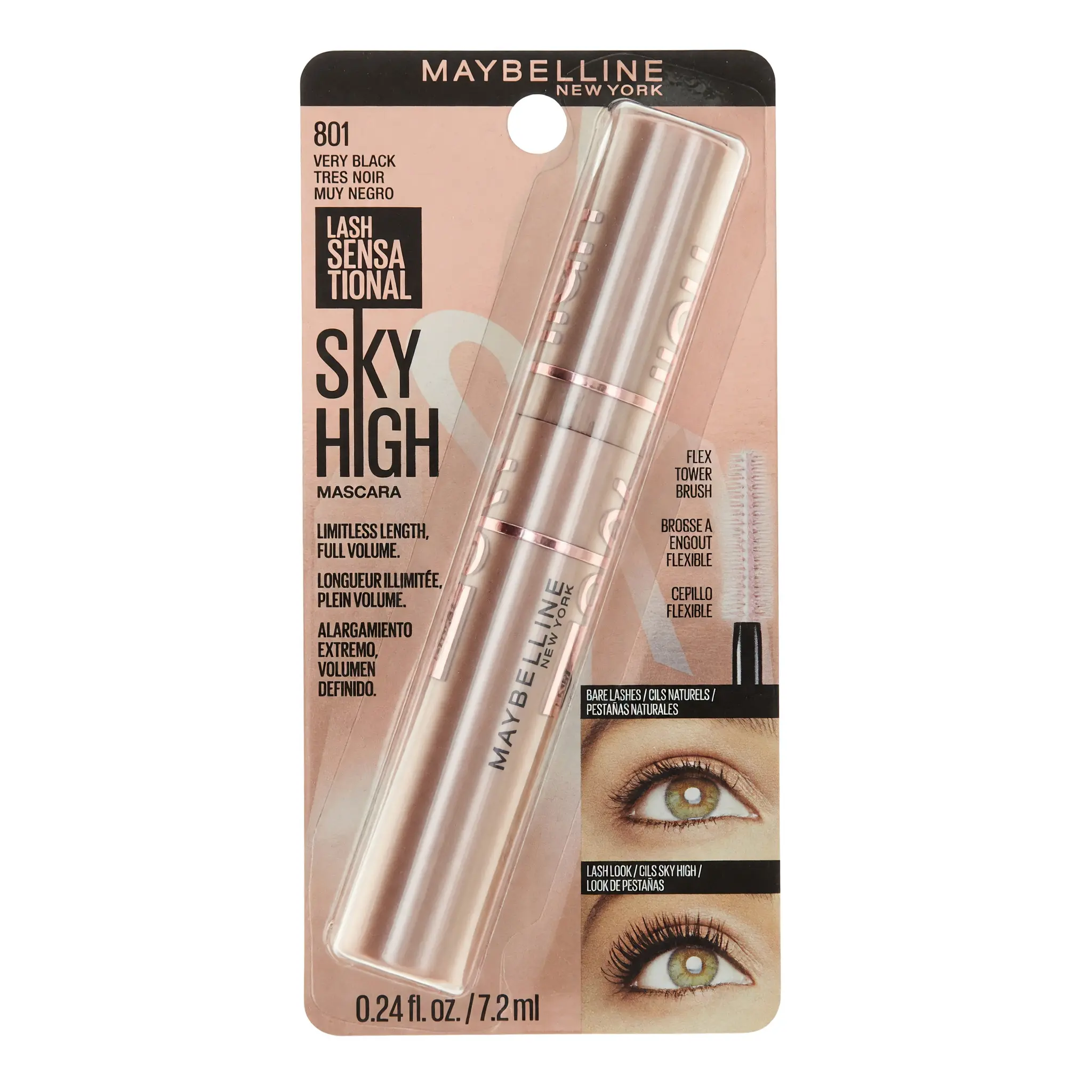 Maybelline Lash Sensational Sky High Volumizing Black Mascara - 0.24oz, 801 Very Black, Full Volume, Flex Tower Brush, Single Tube Beauty Makeup Product