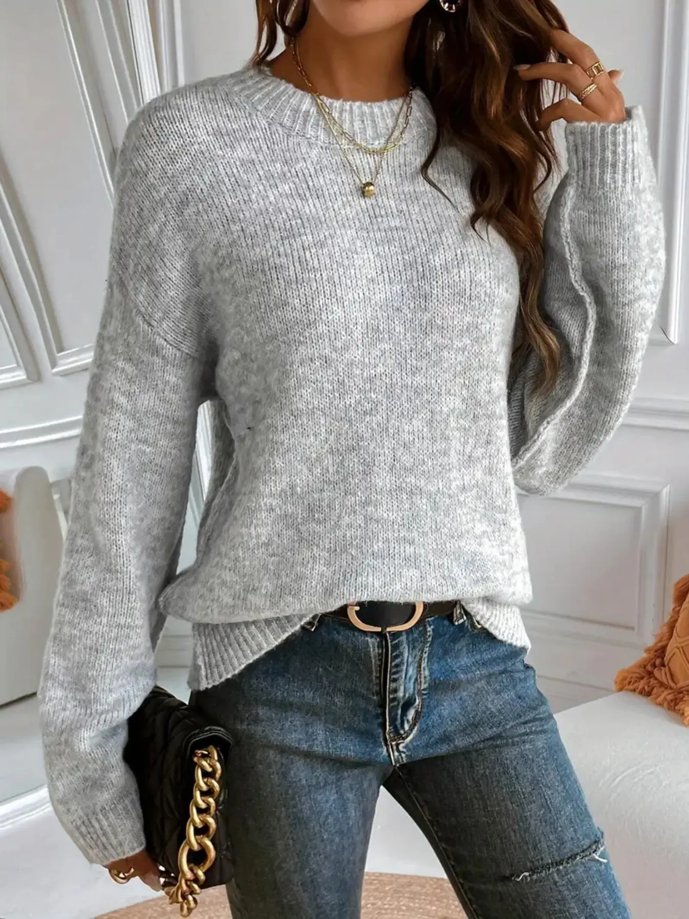 Women's Plain Basic Drop Shoulder Knitted Fabric Sweater Pullover, Casual Chic Fitted Long Sleeve Round Neck Jumper for Daily Outdoor Wear, Ladies Knitwear Womenswear for All Seasons, Casual Fashion Knitwear, Knit Tops, Gifts For Women