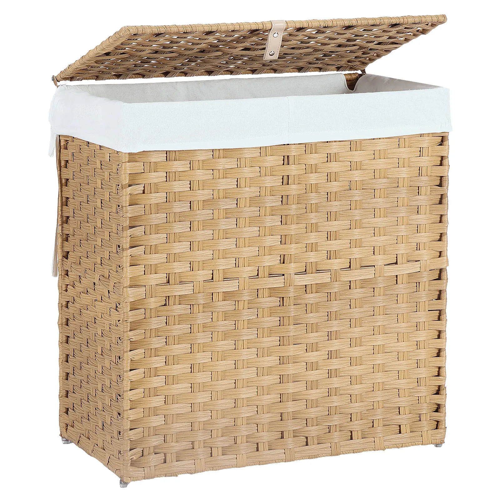Foldable Wicker Laundry Hamper Basket with Lid and Removable Washable Liner Bag, Handwoven PP Rattan Dirty Clothes Hamper with Long Handles and Steel Frame for Bathroom Bedroom Laundry Room
