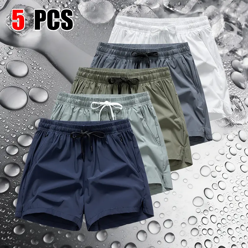 Men’s 5‑pack shorts with zippered pockets, regular fit, casual drawstring waist; suitable for everyday outdoor wear—casual athletic shorts that are minimalist, stylish, breathable, comfortable, and versatile for various occasions.